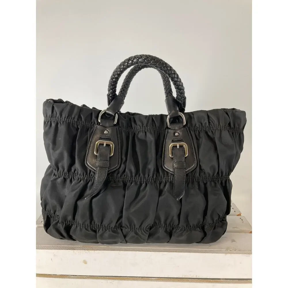 PRADA LARGE BLACK NYLON HANDBAG WITH BRAIDED LEATHER HANDLES - Picture 4 of 16